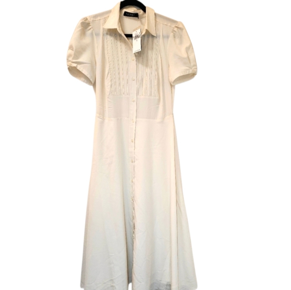 Lauren Ralp Lauren Black Label Shirtdress Elegant Winter Cream Midi Dress SZ 4 - Picture 2 of 16